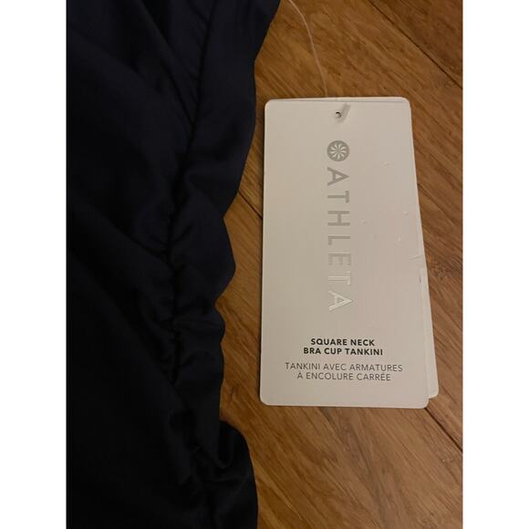 NWT ATHLETA Square Neck Bra Cup 34 B/C Tankini Top Dress Blue Ruching $74! - Picture 7 of 8